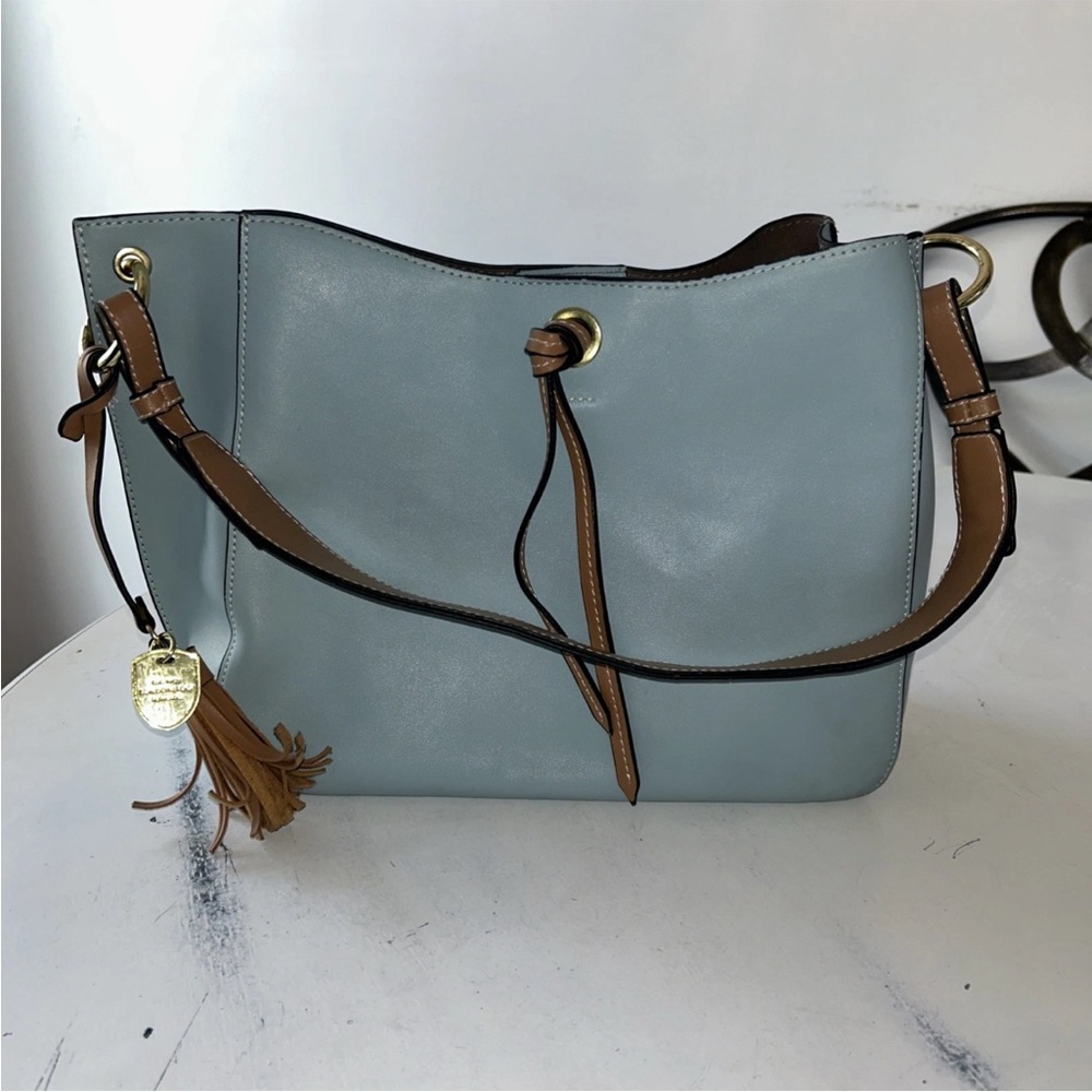 London Fog Bolsa Shoulder Handbag Purse Light Blue & Brown 10”Hx11”Lx5.75”D
